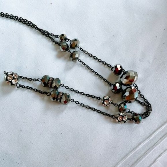 35” Black Chain Ab Black stones w Rhinestone Ball Faceted Beads Long Necklace - Picture 6 of 11